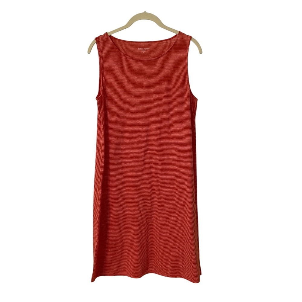 Eileen Fisher Orange Striped Linen Dress Small Petite Sleeveless Breathable